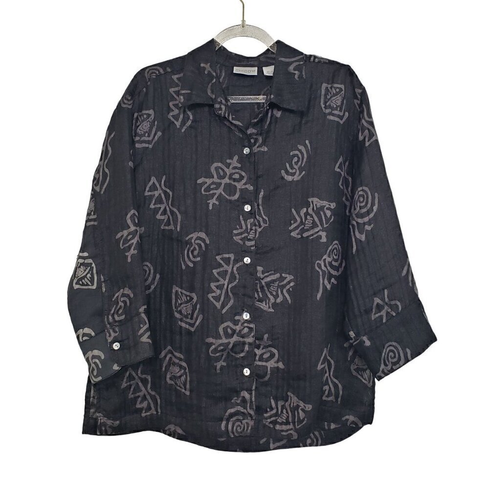 Chicos 0 Linen Silk Shirt Artsy Oversized Black Button Front Womens Size XS
